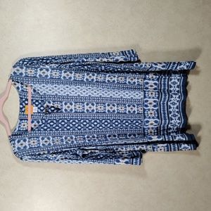 09198 Ruby Rd blue & tan 3/4 sleeve knit tunic 1X